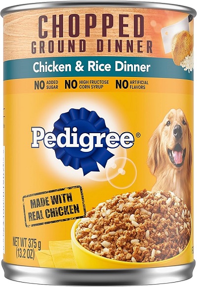 image of PEDIGREE Adult Canned Wet Dog Food Chopped Ground Dinner Chicken with a golden dog