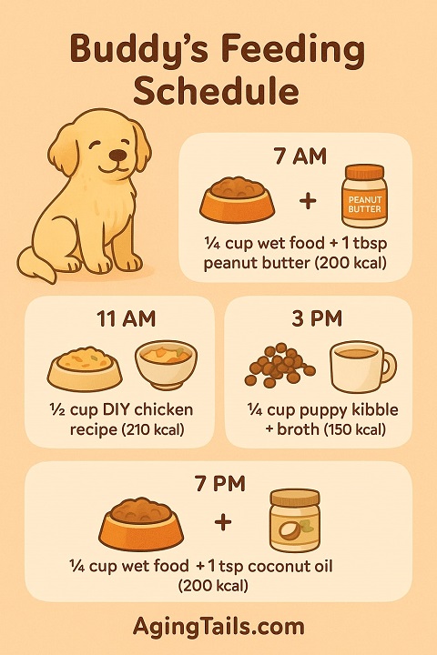 Infographic titled "Buddy's Feeding Schedule" showing a feeding plan for a senior dog. Meals include:7 AM: ¼ cup wet food + 1 tbsp peanut butter (200 kcal)11 AM: ½ cup DIY chicken recipe (210 kcal)3 PM: ¼ cup puppy kibble + broth (150 kcal)7 PM: ¼ cup wet food + 1 tsp coconut oil (200 kcal)
Features illustrations of food bowls, peanut butter, chicken, kibble, broth, coconut oil, and a happy golden dog named Buddy. AgingTails.com appears at the bottom.