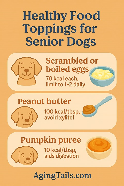 Infographic titled "Healthy Food Toppings for Senior Dogs" featuring three food items: scrambled or boiled eggs (70 kcal each, limit 1–2 daily), peanut butter (100 kcal per tablespoon, avoid xylitol), and pumpkin puree (10 kcal per tablespoon, aids digestion). Each item is accompanied by a dog illustration and simple food icons. The website AgingTails.com is displayed at the bottom.