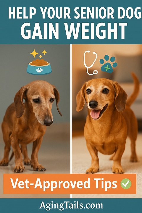 Split-screen promotional graphic for AgingTails.com showing a transformation in a senior dachshund. The left side features a thin, tired-looking dog with a muted background and a food bowl icon with sparkles. The right side shows a healthier, happy version of the same dog with a wagging tail, bright eyes, and a cozy home setting, along with a vet stethoscope and paw icon. Bold text reads “Help Senior Dog to Gain Weight fast” at the top and “Vet-Approved Tips ” at the bottom. Branding “AgingTails.com” appears at the bottom center.