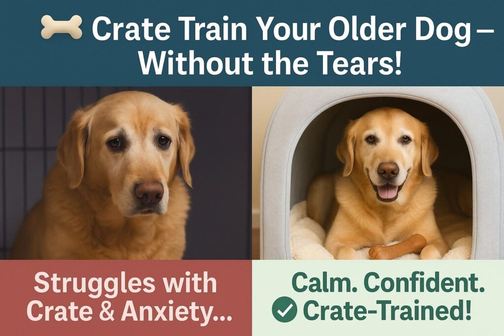 Split image showing the journey of crate training an older dog with separation anxiety — left side depicts a sad senior Golden Retriever outside a crate, while the right side shows the same dog relaxed and happy inside a cozy crate, illustrating success in crate training.