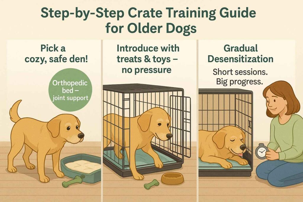 Infographic titled "Step-by-Step Crate Training Guide for Older Dogs" showing three illustrated panels: a senior dog exploring a crate with an orthopedic bed, the dog entering the crate for a treat, and the dog calmly lying inside the crate while a woman nearby holds a stopwatch—emphasizing comfort, positive reinforcement, and gradual desensitization.
